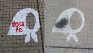 Desconocidos taparon con aerosol la consigna "Nunca M&aacute;s" en los pa&ntilde;uelos pintados por la Multisectorial de DDHH de La Paz.