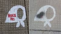 Desconocidos taparon con aerosol la consigna "Nunca M&aacute;s" en los pa&ntilde;uelos pintados por la Multisectorial de DDHH de La Paz.