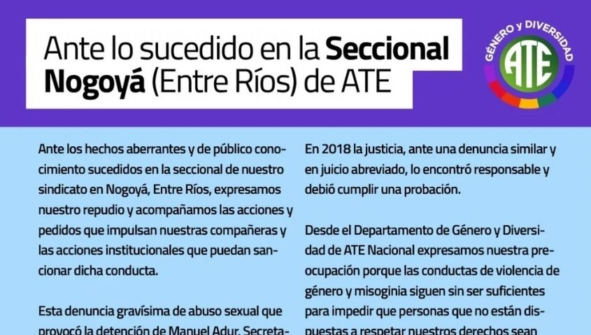 La denuncia por violaci&oacute;n en Nogoy&aacute; encendi&oacute; alarmas y motiv&oacute; repudios de ATE nacional